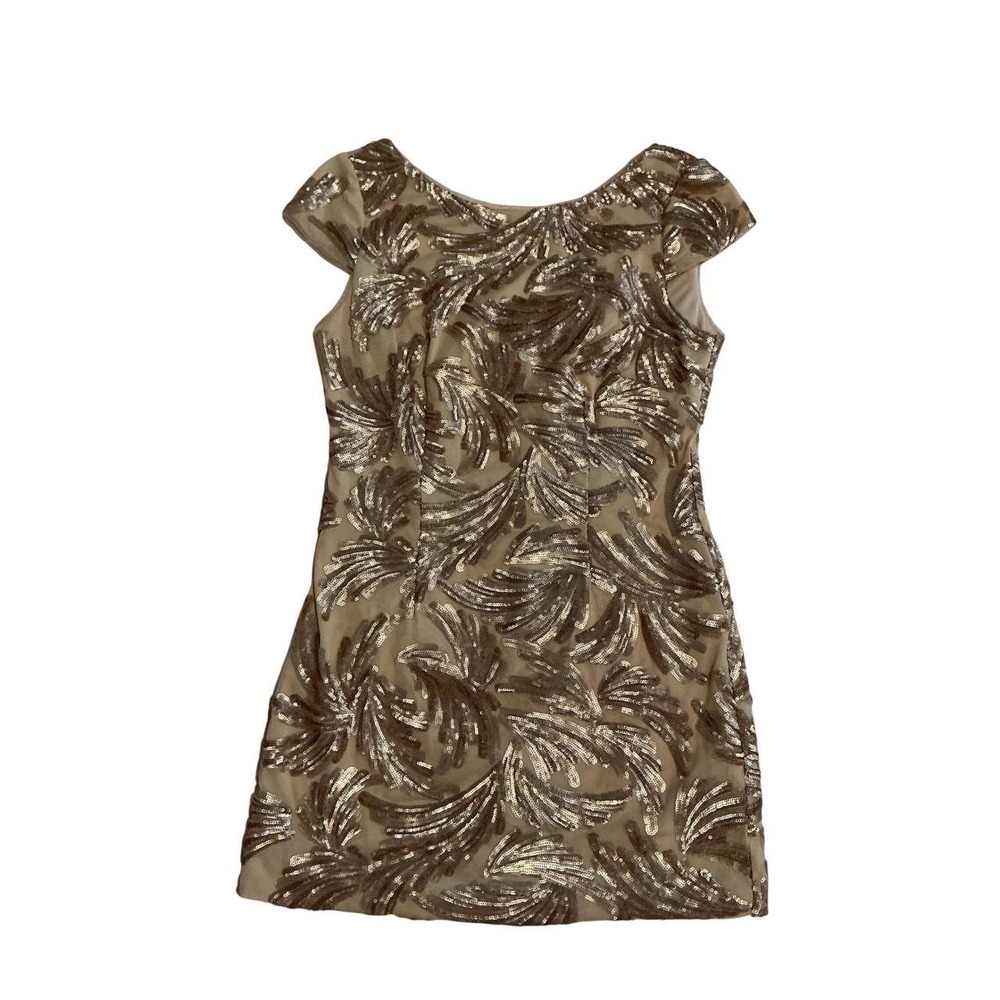 Adrianna Papell Sequin Fan Cocktail Dress Womens 4 Gold Nude Cap Sleeve